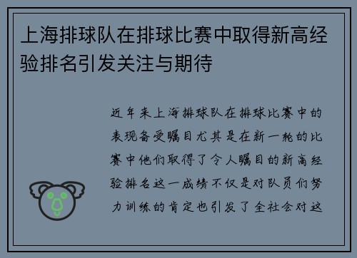 上海排球队在排球比赛中取得新高经验排名引发关注与期待